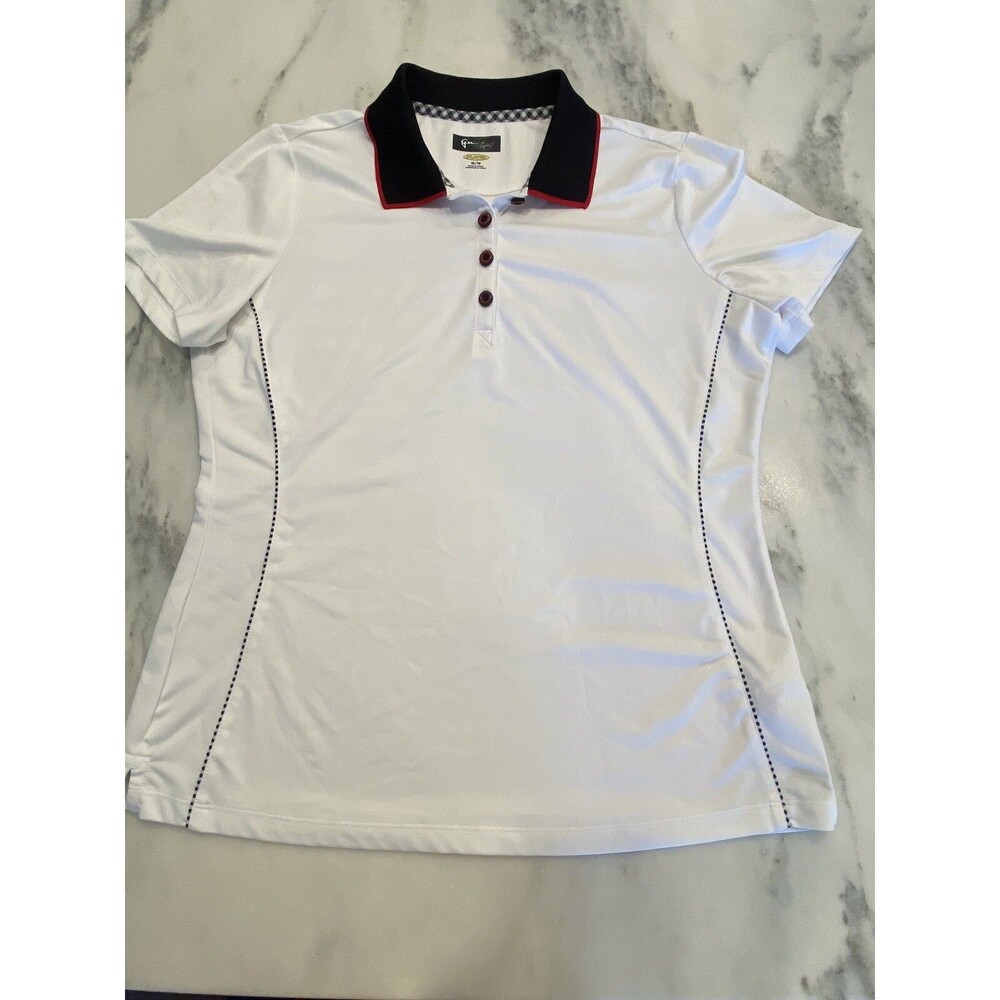 Greg Norman Polo Shirt Womens Medium White Black Red Golf Casual Ladies